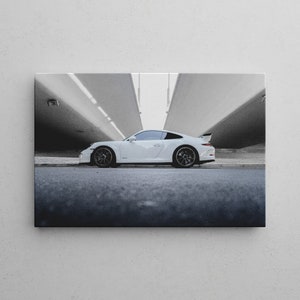 Porsche GT3 Mural | White Porsche on Canvas | High quality print | Premium Canvas sizes 20-90 cm | Ready to hang | gift for men