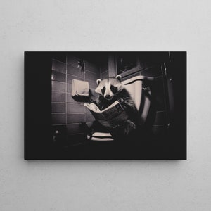 Funny mural black and white | Badger On Toilet | Wall art on canvas for bathroom | Funny Animals | Wallart 20-90 cm | Ready to hang
