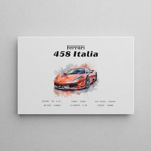 Ferrari 458 Italia Murale | Dipinto su tela minimalista | Statistiche Ferrari | Pronto per essere appeso