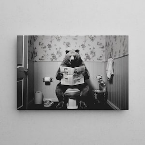 Funny mural in black/white | Bear On Toilet | Wall art on canvas for bathroom | Funny Animal | Wall art 20-90 cm | Ready to hang