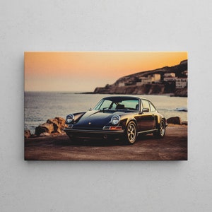 Porsche 911 al mare | Tramonto | Auto Arte | su tela | Tela in varie dimensioni 20-90 cm | Pronto per essere appeso | Arte futuristica