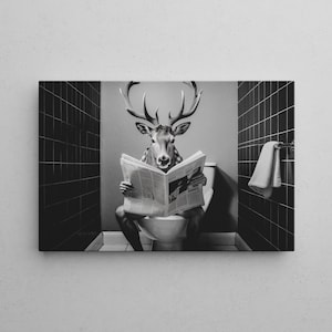 Funny mural in black/white | Deer On Toilet | Wall art on canvas for bathroom | Funny Animal | Wallart toilet | Ready to hang