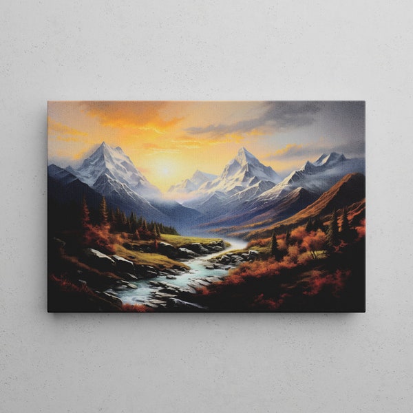 Bergpanorama im Sonnenaufgang | Natur Wandbild | Zeichnung auf Leinwand | Premium Canvas Größen 20-90 cm | Ready to hang | Schlafzimmer Deko