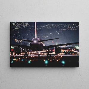 Airplane Mural | Airport at night on canvas | High quality print | Premium canvas sizes 20-90 cm | Ready to hang | Gift