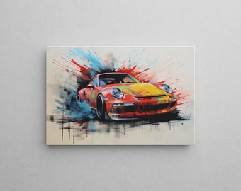 PORSCHE Wall Art, CAR Painting, voiture TOILE, Coloré Pop art toile impression Salon moderne décor à la maison cadeau pour les amateurs de voitures