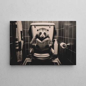 Funny mural in black/white | Badger On Toilet | Wall art on canvas for bathroom | Funny Animal | Wallart toilet | Ready to hang