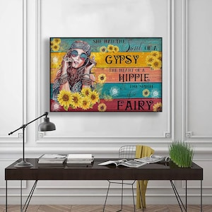Girasol ella tenía el alma de un gitano el corazón de un hippie... cartel, chica hippie cartel arte decoración, pared arte hogar, cartel de girasol vintage
