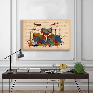 Feuille de musique de batterie colorée de batteur, affiche de batteur vintage, art d&#39;affiche colorée de batterie, décor d&#39;affiche de musique, maison d&#39;art de mur, décor à la maison