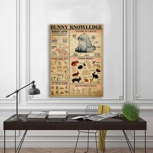 May include: A vintage-style poster with the title "Bunny Knowledge" and illustrations of rabbits. The poster includes information about rabbit anatomy, breeds, care, and how to hold a rabbit.