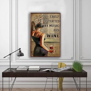 Girl Easily Distracted By Music And Wine, Vintage Girl Wall Art Decor Poster, Girls Poster, Girl And Wine Lover Poster, Poster Home Decor