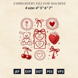 May include: Red and white embroidery file for machine with various Valentine's Day themed designs. Includes a teddy bear, strawberry, cherries, hearts, bows, and the text "BE MINE" and "KISS ME". Available in 4", 5", 6", and 7" sizes.