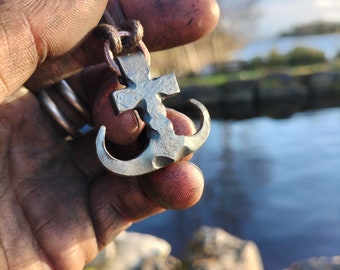 Hand forged copper and steel anchor pendant small