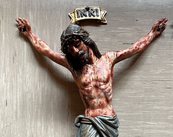 Tortured colored wooden crucifix. Hand sculpted. Height of the Body of Christ cm. 75 ;