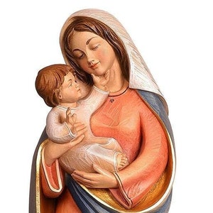 Nowoczesna Madonna z Dzieciątkiem Rzeźbiona w drewnie i ręcznie malowana