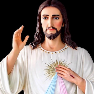 Puede incluir: Estatua de una figura con túnicas blancas, cabello castaño largo y barba. La figura tiene un halo dorado y un cinturón dorado. Rayos celeste y rosa emanan del pecho de la figura.