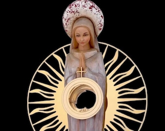 Handmade Brass Goldplated Monstrance in wooden Statue of Virgin Mary - Host 2 3/4” Case 70 mm - Height 83 cm - 33” in height