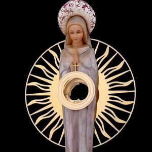 Handgefertigte Monstranz aus vergoldetem Messing in Holzstatue der Jungfrau Maria – Hostie 2 3/4 Zoll, Gehäuse 70 mm, Höhe 83 cm, 33 Zoll hoch, zollfrei in den USA erhältlich