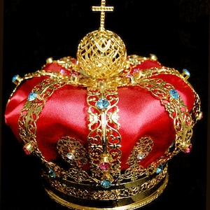 Elegant Brass Imperial Crown with Rhinestones and Red Hat. Exceptional Item for Madonna Statue or Personal Cerimonial.