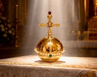 Orbe Imperial con Cruz, Globo, Latón con Baño de Oro, Hecho a Mano, diámetros: 8 cm x 15 cm de alto y 10 cm x 20 cm de alto