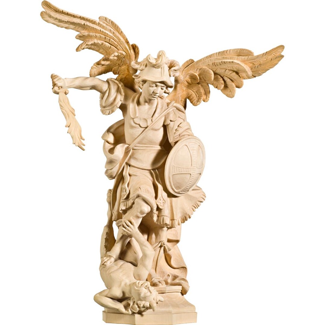 Saint Michael the Archangel Natural Wood Statue With Helmet and Flame ...