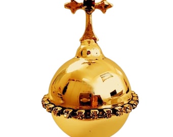 Regal Brass Astrolabe Globe with Cross- Galvanized Gold Imperial Orb for Royal Decor, Astrolabe with cross Galvanic Brass GOLD