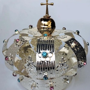 Royal Brass Crown with Silver Embossing and Rhinestone- Customizable Size for Madonna Statue.