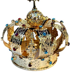 Ornate Brass Imperial Crown with Gold Embossing & Rhinestones. Customizable Sizes.