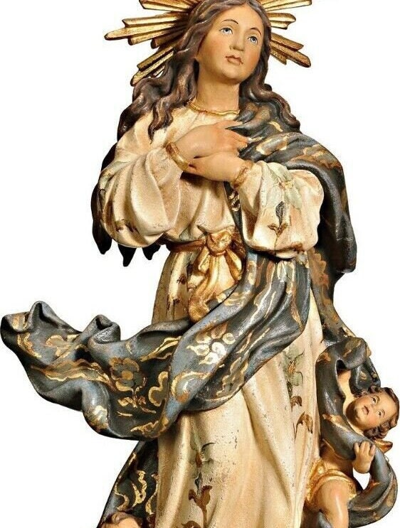 Maravillosa obra barroca de madera tallada a mano de Nuestra Señora de la Asunción con halo de rayos. Estilo antiguo, pintada a mano. Libre de impuestos en EE. UU.