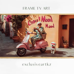 Chic Elderly Woman on Pink Vespa with Dog – Mediterranean Summer Art | Fun Pastel Digital Download | Vintage Scooter Wall Art
