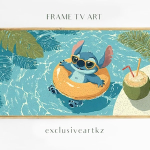 Cute Stitch Pool Art – Digital Download – Pływanie z napojem kokosowym i okularami przeciwsłonecznymi – Frame TV Summer Vibes – Kolorowa kreskówka plażowa