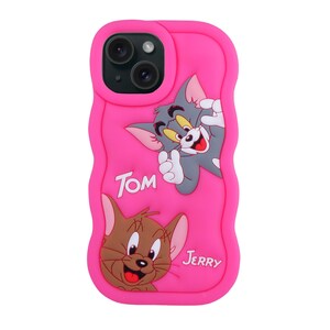 Etui na telefon z postaciami z kreskówek Tom i Jerry, kompatybilne z iPhone 15+ | Uroczy projektant | Elastyczny silikon | Różowy...