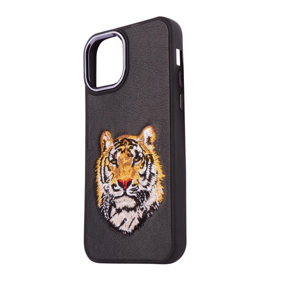 IPhone 12 ケース: ブラック PUレザーに虎の刺繍 - Etsy 日本