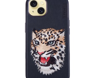 Funda de piel 3D Tiger para iPhone 14: funda protectora negra