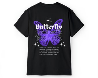 May include: Black t-shirt with a purple butterfly graphic and the text "Butterfly" repeated three times. The text "Within the chaotic dance of existence, the butterfly emerges, a symbol of transformation and the delicate harmony that can arise from the depths of chaos." is printed below the graphic.