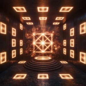 May include: A glowing orange geometric shape with a light emanating from it, surrounded by a dark room with glowing orange squares on the walls and ceiling. The shape is on a stone platform with steps.