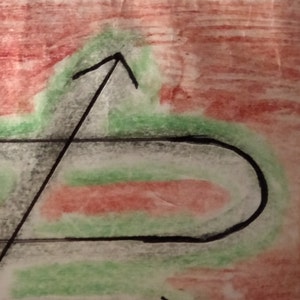 Puede incluir: Obra de arte abstracta con una combinación de colores rojo y verde. Una flecha negra apunta hacia arriba, intersectando una línea negra curva. El fondo presenta tonos rojos y verdes mezclados, creando un efecto texturizado.