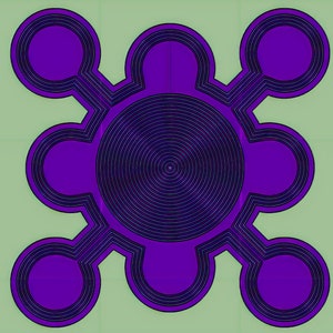 May include: A purple and black abstract design with a circular pattern in the center and six arms extending out from the center. Each arm has a circle at the end.