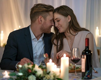 Può includere: Una coppia è seduta a un tavolo con candele e bicchieri di vino. Si guardano e sorridono. Il tavolo è apparecchiato con una tovaglia bianca e un centrotavola floreale.