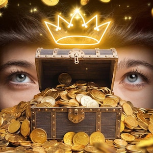 May include: A closed wooden treasure chest overflowing with gold coins, with a glowing crown above it, suggesting wealth and prosperity.