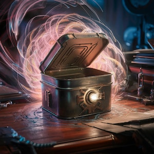 May include: An antique-looking metal box with a hinged lid is open, revealing a glowing light inside. The box is sitting on a wooden surface with a swirling, ethereal pink and blue light emanating from it.