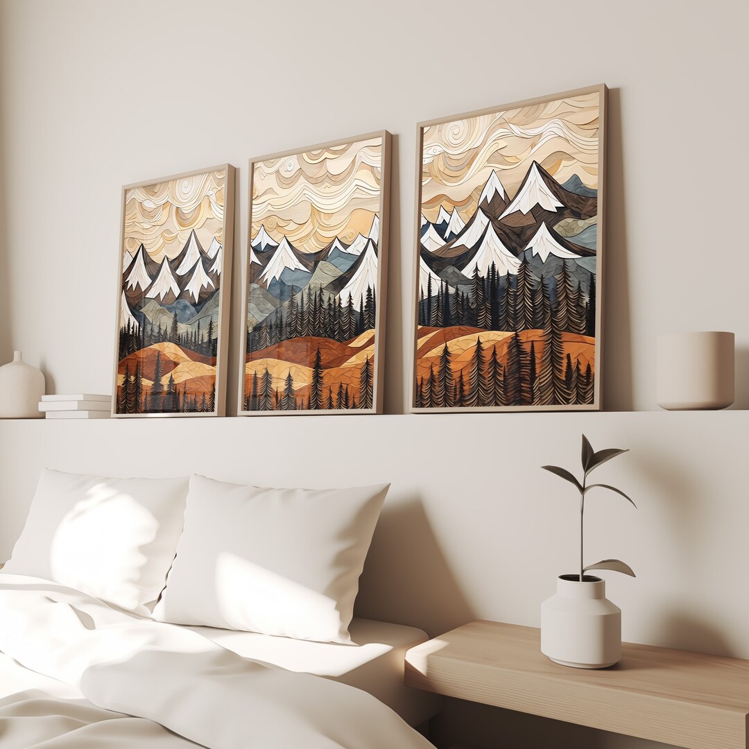 Mountain Range Wall Art, Wood Panel Effect, Mountain Art, Mountain Top