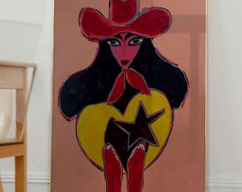 Pink Cowgirl Art Print, Western Folk Art Portrait, Colorful Cowgirl Wall Art, Modern Western Decor, Whimsical Gallery Wall Art