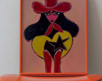 Pink Cowgirl Art Print, Western Folk Art Portrait, Colorful Cowgirl Wall Art, Modern Western Decor, Whimsical Gallery Wall Art