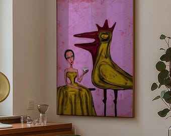 Woman with Royal Bird Art Print, Pink and Green Maximalist Decor, Quirky Surrealist Illustration, Chartreuse Dress Wall Decor