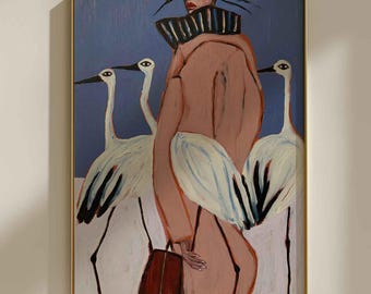 Bird Wall Art Print, Figurative Woman Art, Modern Folk Wall Art, Eclectic Blue Wall Decor