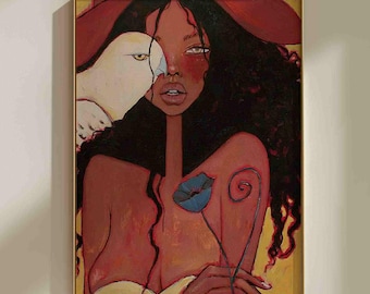 Woman and Falcon Wall Art, Fierce Feminine Whimsigoth Portrait, Red Maximalist Expressionist Print, Eclectic Home Decor