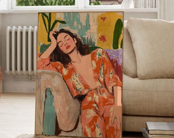 Eclectische mode muurkunst vrouw slapen print woonkamer decor esthetiek trendy muur kunst gewaagde jaren 70 poster ontspannende slaap kunstwerk