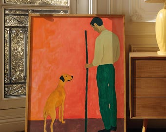 Modern Dog Portrait Print | Terracotta Orange Wall Art | Colorful Folk Pet Wall Art | Eclectic Animal Artwork | Warm Home Decor