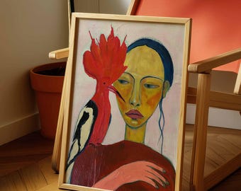 Woman Portrait With Hoopoe Bird, Colorful Figurative Art Print