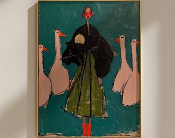Woman and Geese Wall Art, Whimsical Folk Cottagecore Portrait, Teal Green Maximalist Expressionist Print, Living Room Wall Art